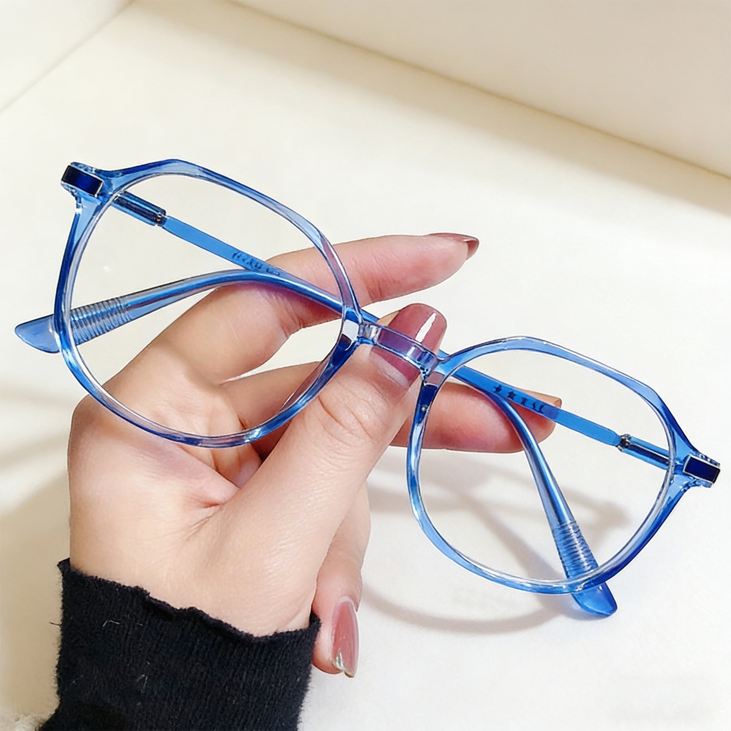 Close-up of blue light filter lenses with clear frames