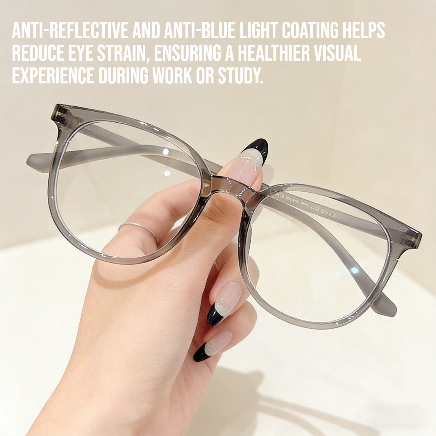 Lightweight women's box frame glasses on white background