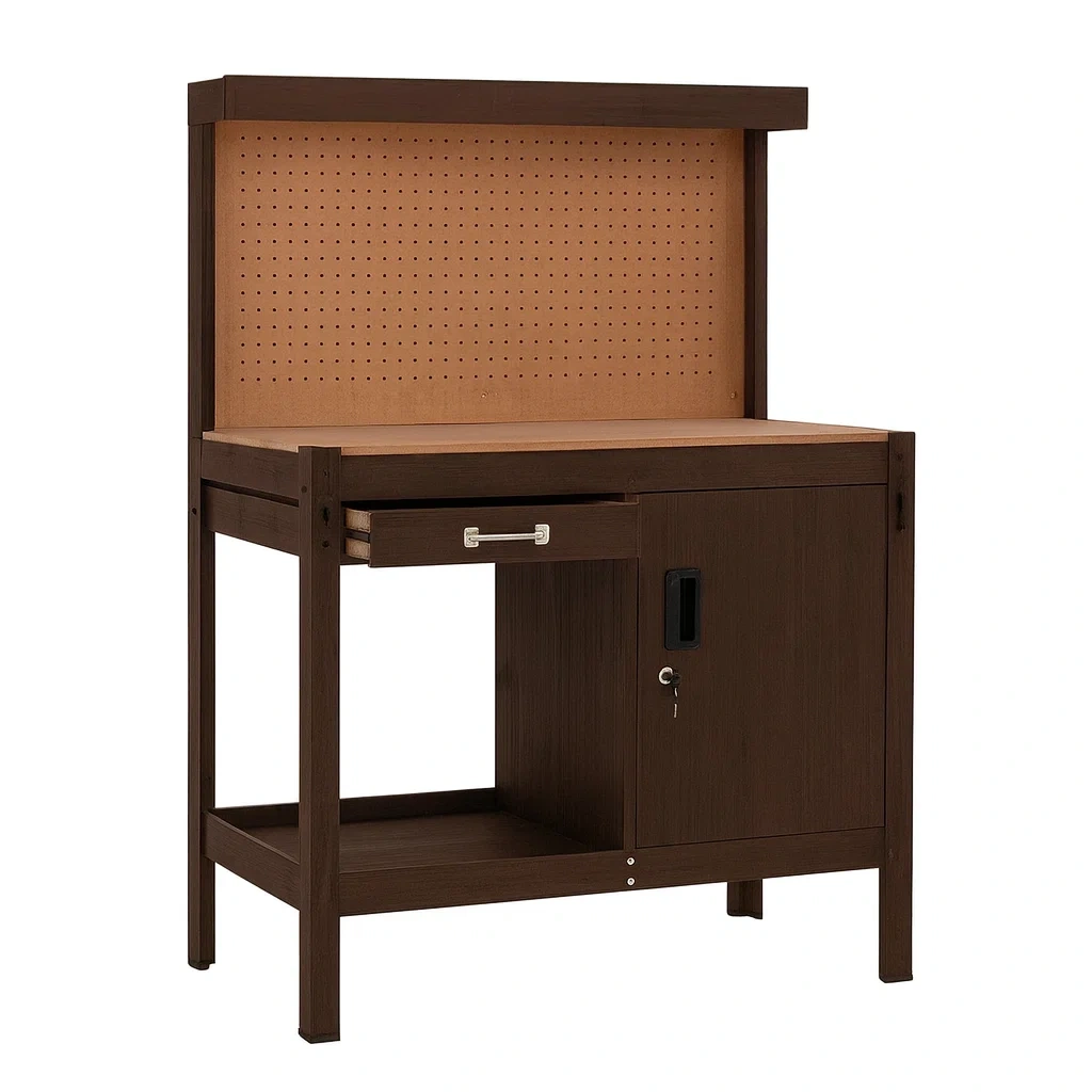 Établi en MDF avec panneau perforé et rangement 115 x 55 x 150 cm Marron-Mobinni