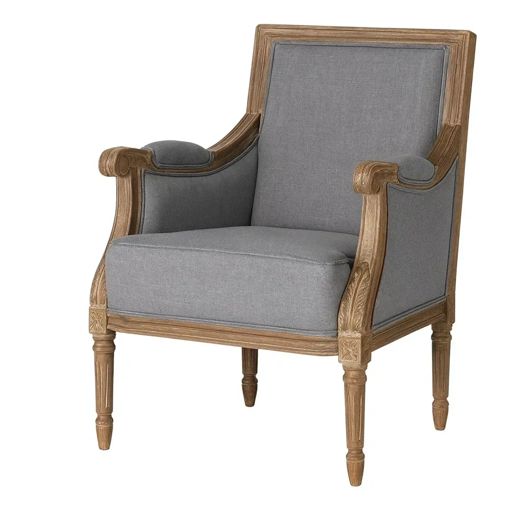 Fauteuil en bois avec revêtement en tissu gris et accoudoirs sculptés-Mobinni