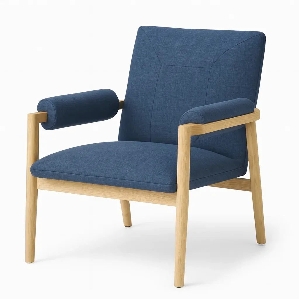 Fauteuil en bois de chêne avec revêtement en tissu polyester bleu-Mobinni