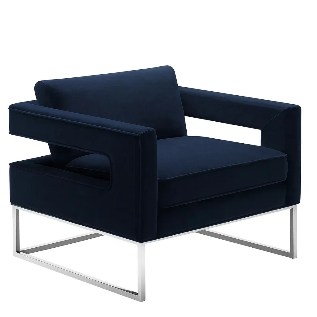 Fauteuil en velours bleu marine avec structure en acier inoxydable-Mobinni