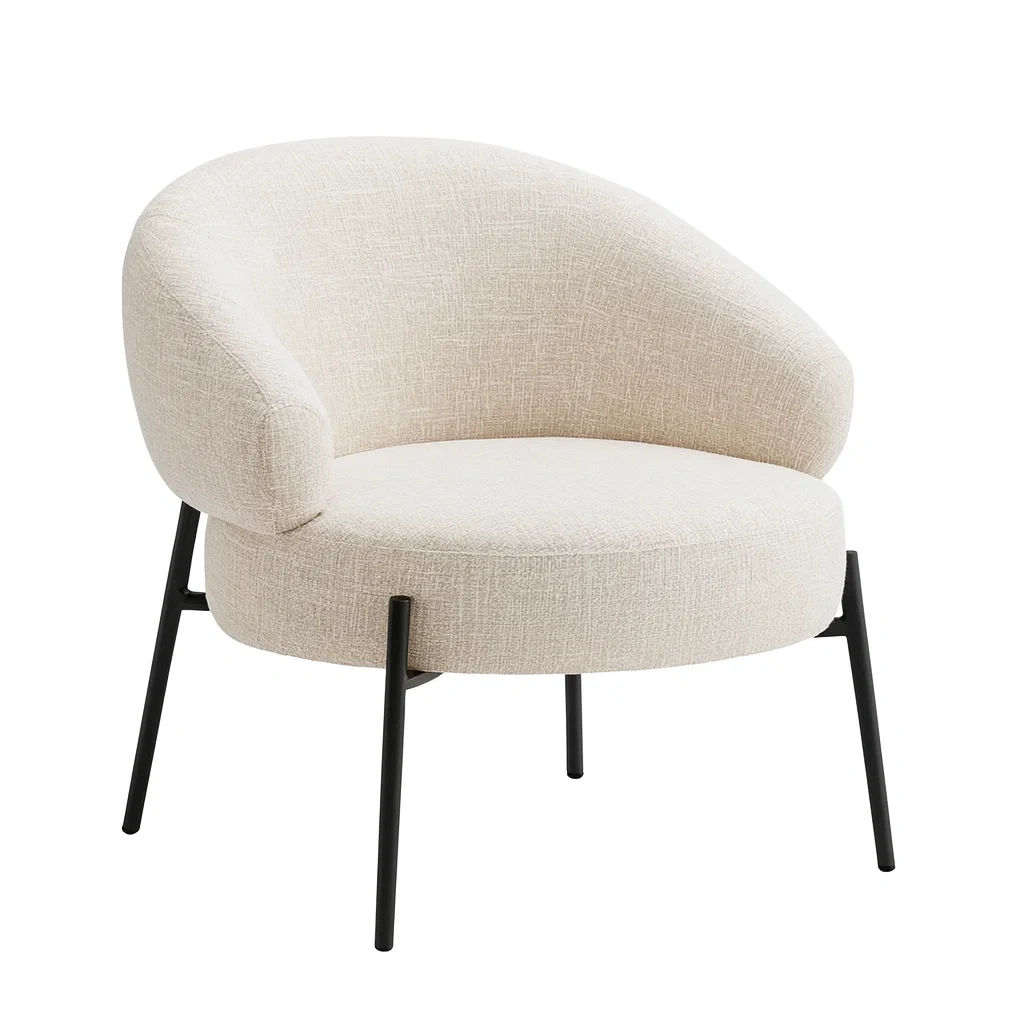 Fauteuil rond en tissu beige avec structure en métal noir 75 x 70 x 65 cm-Mobinni