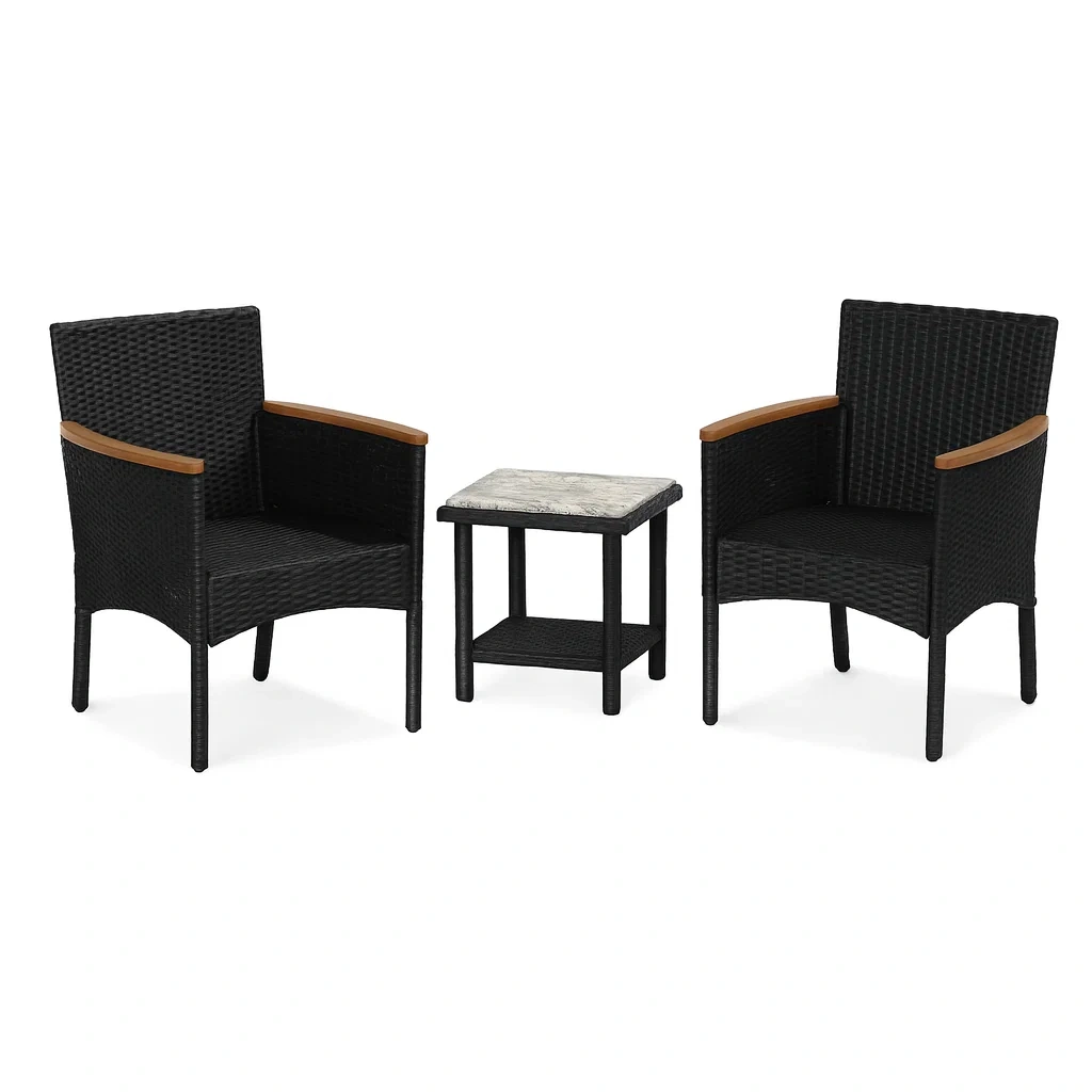 Ensemble de détente en résine tressée avec accoudoirs en bois-Mobinni