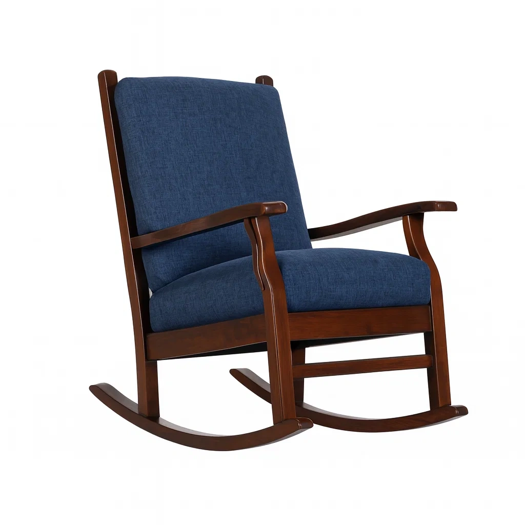Fauteuil à bascule en bois avec coussin en tissu bleu-Mobinni