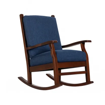 Fauteuil à bascule en bois avec coussin en tissu bleu-Mobinni