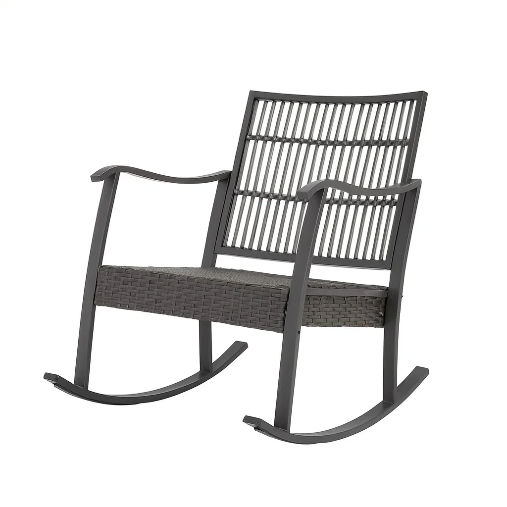 Fauteuil à bascule en aluminium gris avec assise en rotin-Mobinni