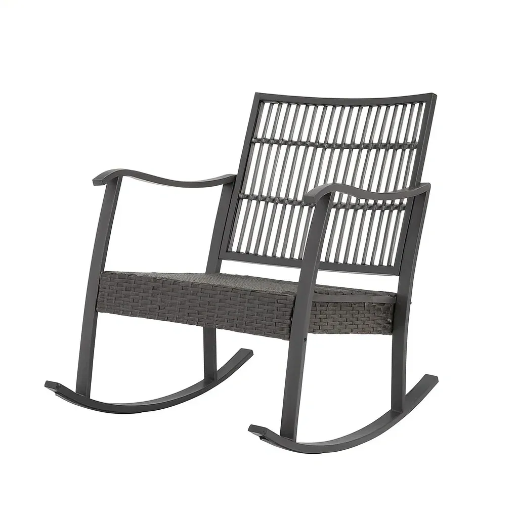 Fauteuil à bascule en aluminium gris avec assise en rotin-Mobinni