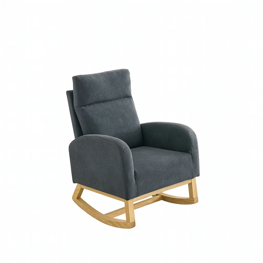 Fauteuil à bascule en bois et tissu gris-Mobinni