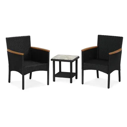 Ensemble de détente en résine tressée avec accoudoirs en bois-Mobinni