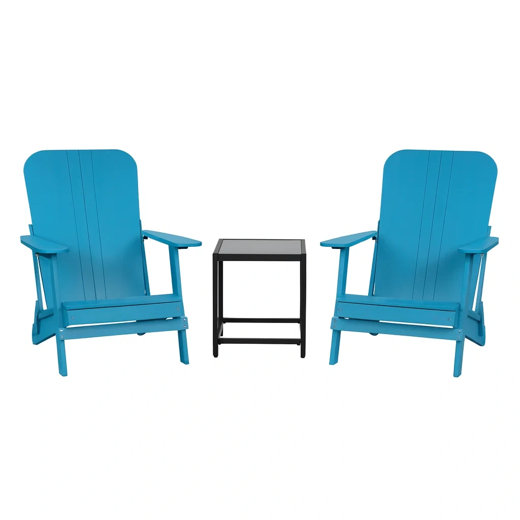 Ensemble de détente avec deux chaises en polywood bleu et table en métal noir-Mobinni