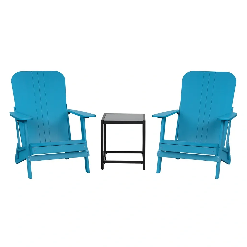 Ensemble de détente avec deux chaises en polywood bleu et table en métal noir-Mobinni