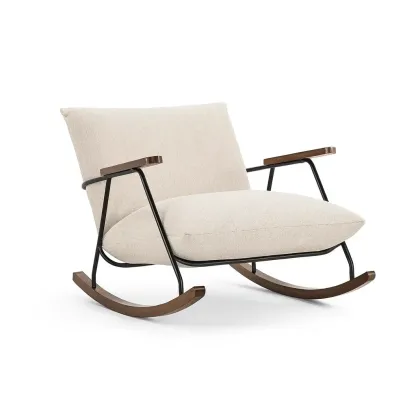 Fauteuil à bascule en métal et bois avec coussin en tissu beige-Mobinni