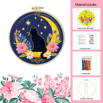 【Free Embroidery Tool Kit Included】9.45 × 9.45 in Cute Cat Floral DIY Embroidery, Handcrafted Cross-Stitch Animal Pattern, Includes Step-by-Step Tutorial, Easy for Beginners