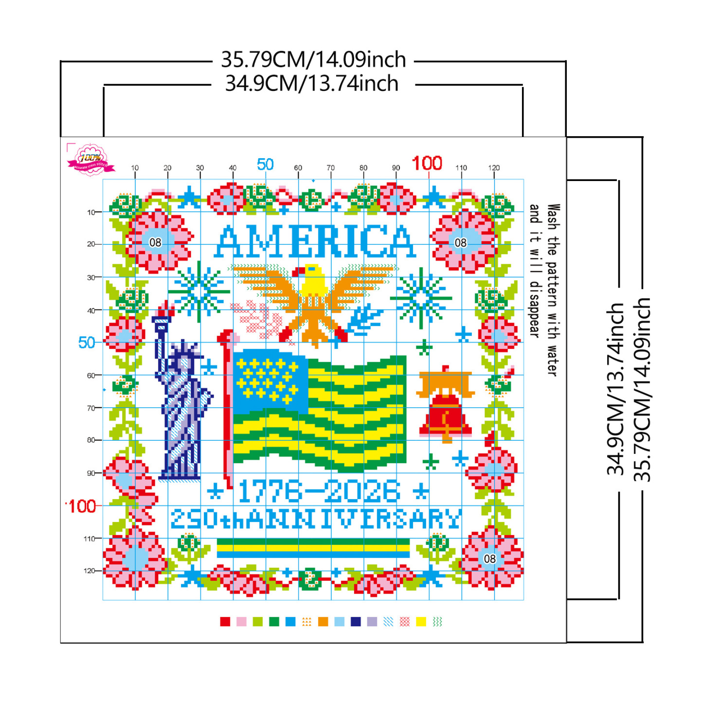 【Free Embroidery Tool Kit Included】14 × 14 in USA 250th Anniversary DIY Embroidery Kit, Includes Step-by-Step Tutorial, Easy for Beginners