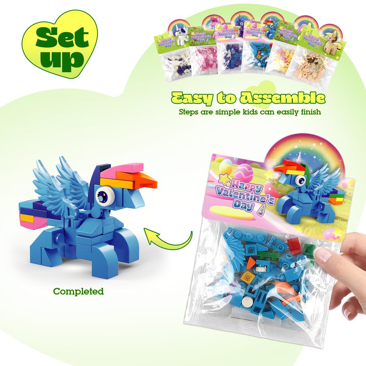 24 Pack Prefilled Valentine’s Day Building Blocks Party Favors Set with Valentine’s Day Cards, Ideal for Classroom and School Gift Exchanges