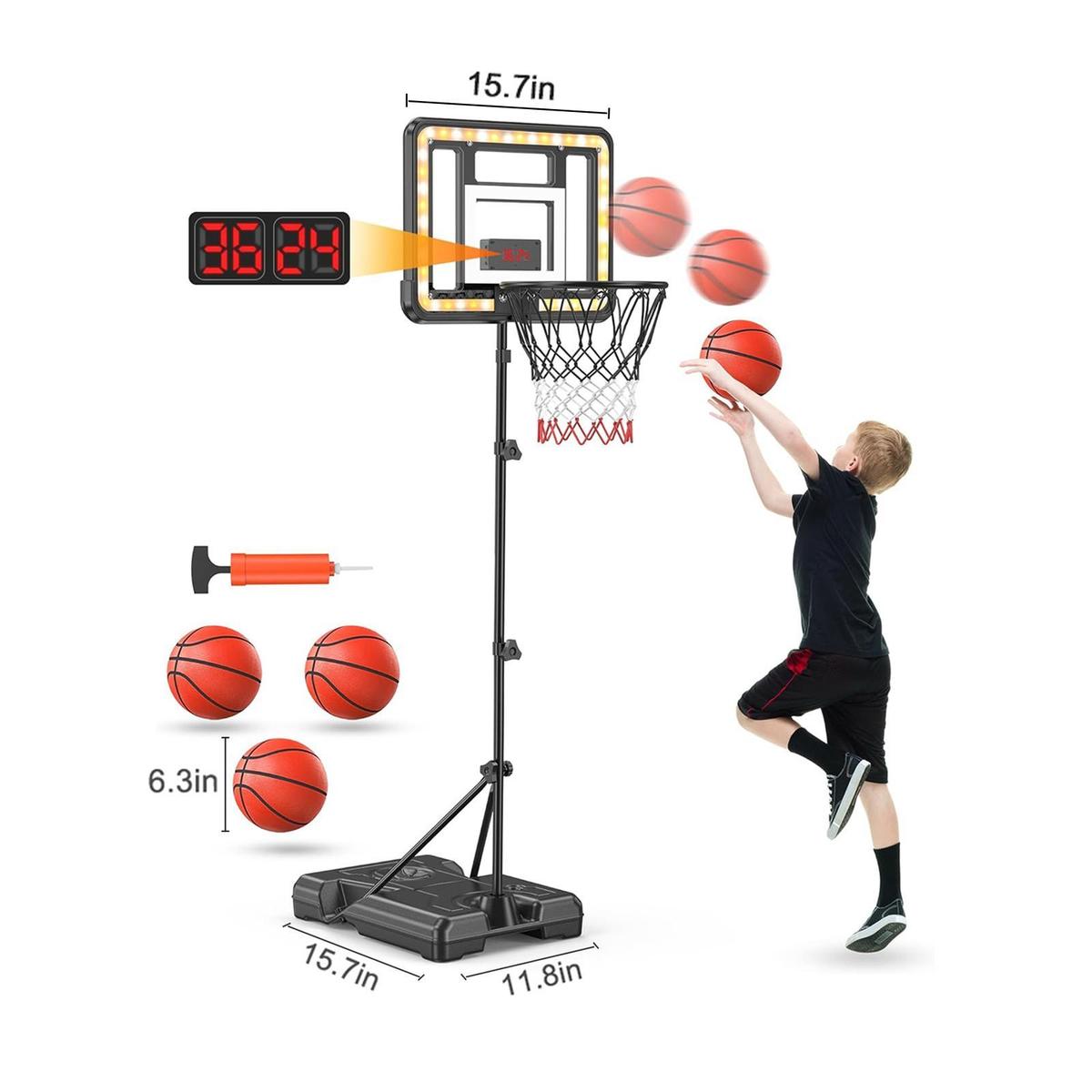 ROTTOGOON Kids 3ft to 5.8ft Height Adjustable Indoor Basketball Stand with Timer, Childrens Day Gifts,Weatherproof Base for Outdoor Practice Portable Durable Fun