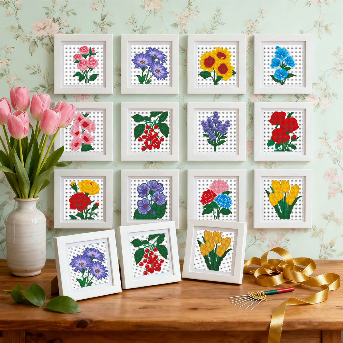 【Free Embroidery Tool Kit Included】12-Piece Floral DIY Embroidery Patterns, Perfect for Dining Room and Kitchen Décor, Includes Step-by-Step Embroidery Tutorial, Easy for Beginners