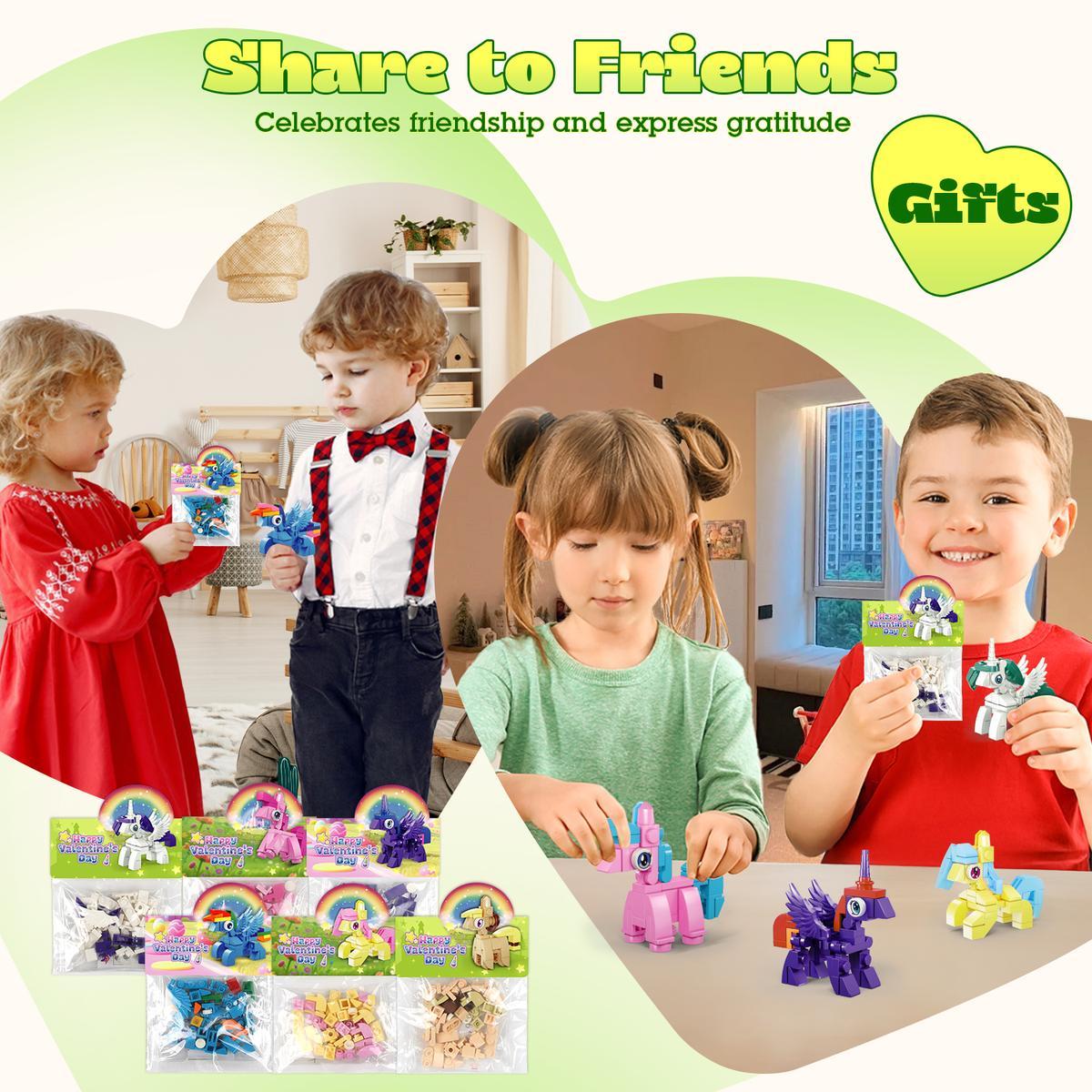 24 Pack Prefilled Valentine’s Day Building Blocks Party Favors Set with Valentine’s Day Cards, Ideal for Classroom and School Gift Exchanges