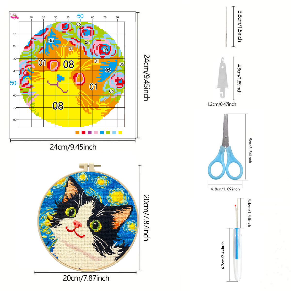 【Free Embroidery Tool Kit Included】9.45 × 9.45 in Cute Cat Floral DIY Embroidery, Handcrafted Cross-Stitch Animal Pattern, Includes Step-by-Step Tutorial, Easy for Beginners