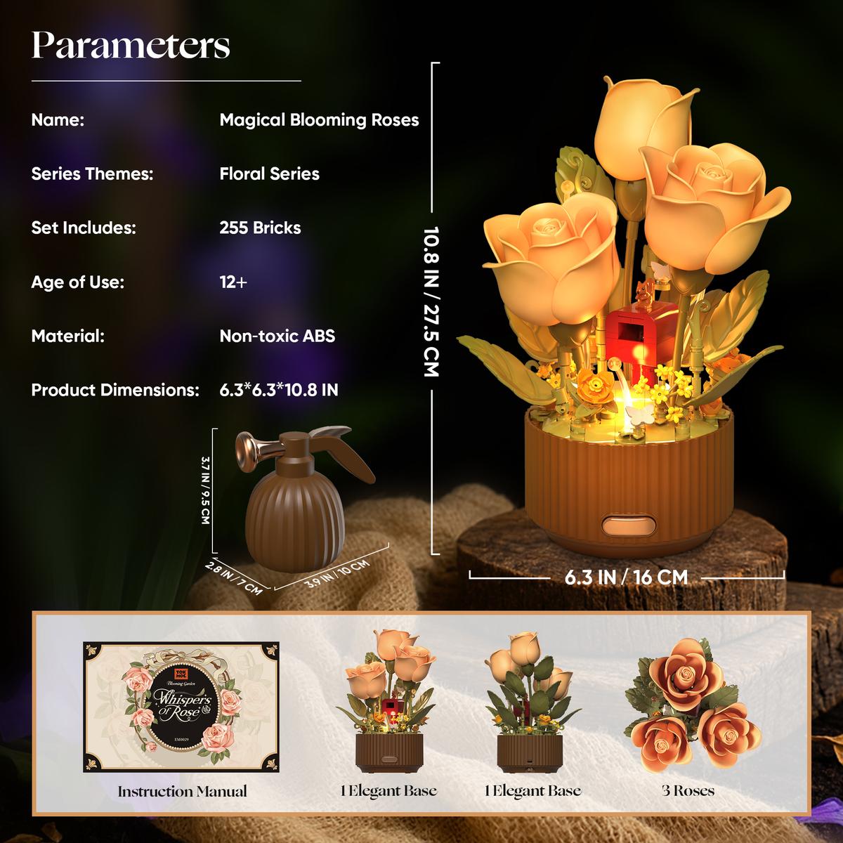 EN FLEUR Blooming Rose Building Blocks Set DIY Flower Kit with Light Blooming Motion Remote Watering Can Watering Sound Christmas Gift Home Decoration