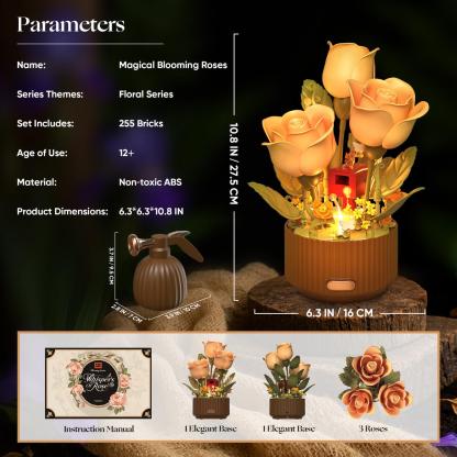 EN FLEUR Blooming Rose Building Blocks Set DIY Flower Kit with Light Blooming Motion Remote Watering Can Watering Sound Christmas Gift Home Decoration
