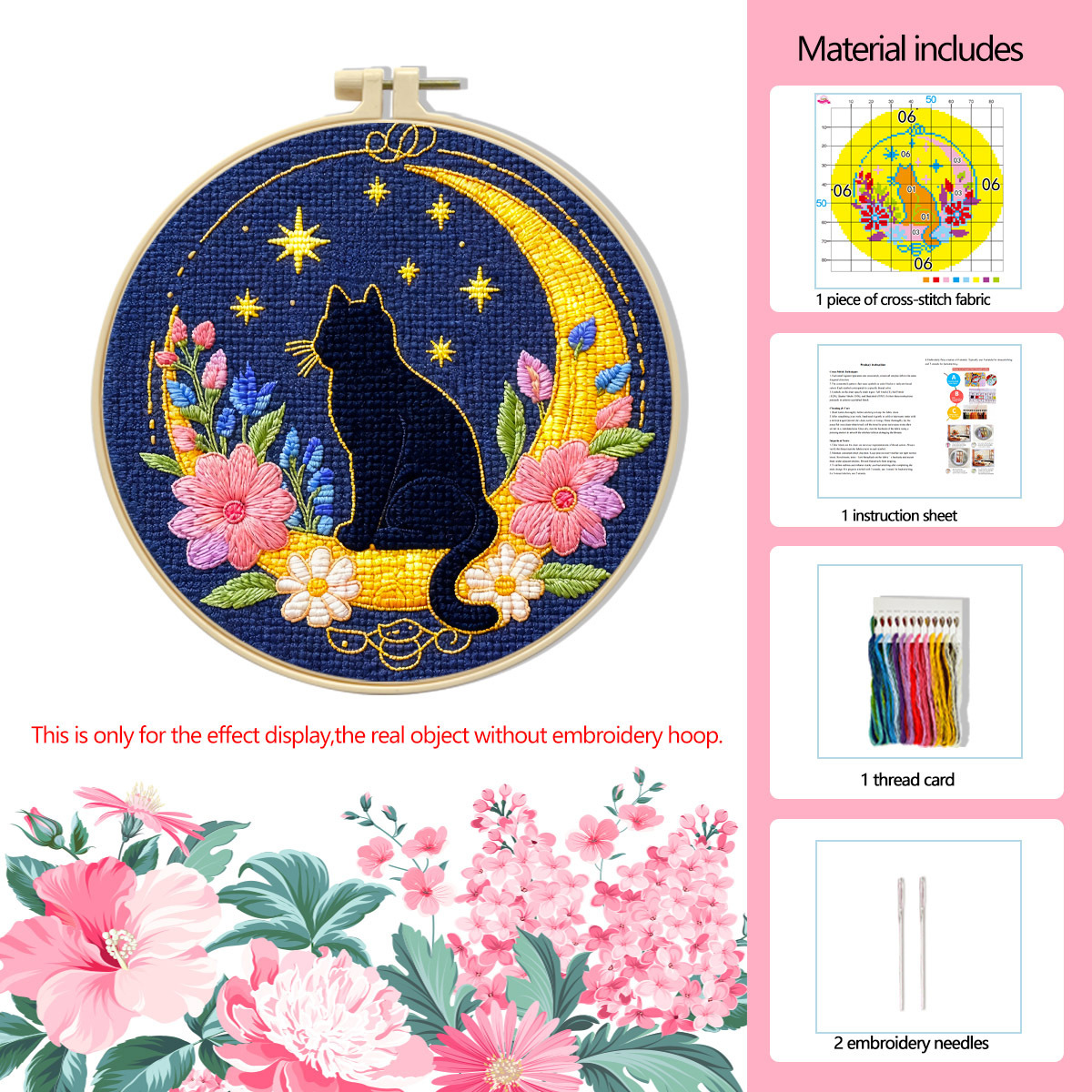 【Free Embroidery Tool Kit Included】9.45 × 9.45 in Cute Cat Floral DIY Embroidery, Handcrafted Cross-Stitch Animal Pattern, Includes Step-by-Step Tutorial, Easy for Beginners