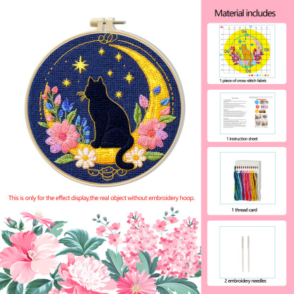 【Free Embroidery Tool Kit Included】9.45 × 9.45 in Cute Cat Floral DIY Embroidery, Handcrafted Cross-Stitch Animal Pattern, Includes Step-by-Step Tutorial, Easy for Beginners