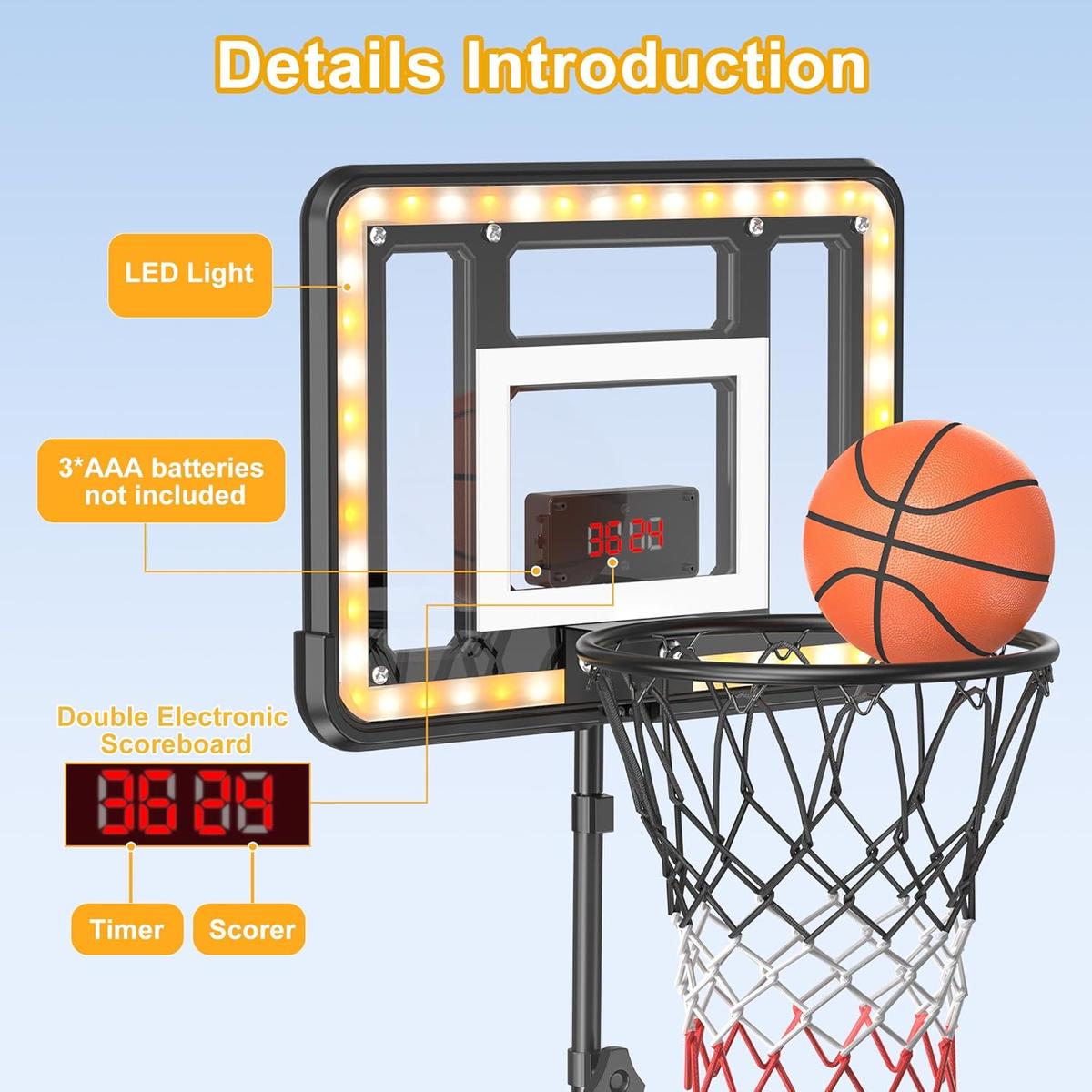 ROTTOGOON Kids 3ft to 5.8ft Height Adjustable Indoor Basketball Stand with Timer, Childrens Day Gifts,Weatherproof Base for Outdoor Practice Portable Durable Fun