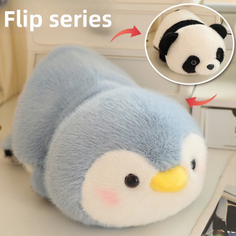 Genuine flipping giant panda tummy doll transformed into simulated penguin elephant rabbit raccoon plush toy gift