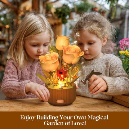 EN FLEUR Blooming Rose Building Blocks Set DIY Flower Kit with Light Blooming Motion Remote Watering Can Watering Sound Christmas Gift Home Decoration