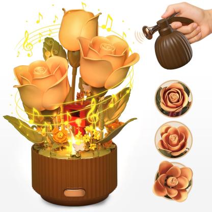 EN FLEUR Blooming Rose Building Blocks Set DIY Flower Kit with Light Blooming Motion Remote Watering Can Watering Sound Christmas Gift Home Decoration