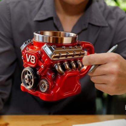 V8 Engine Themed Coffee Mug, Retro Style with Double-Walled Insulation, Suitable for Family Use