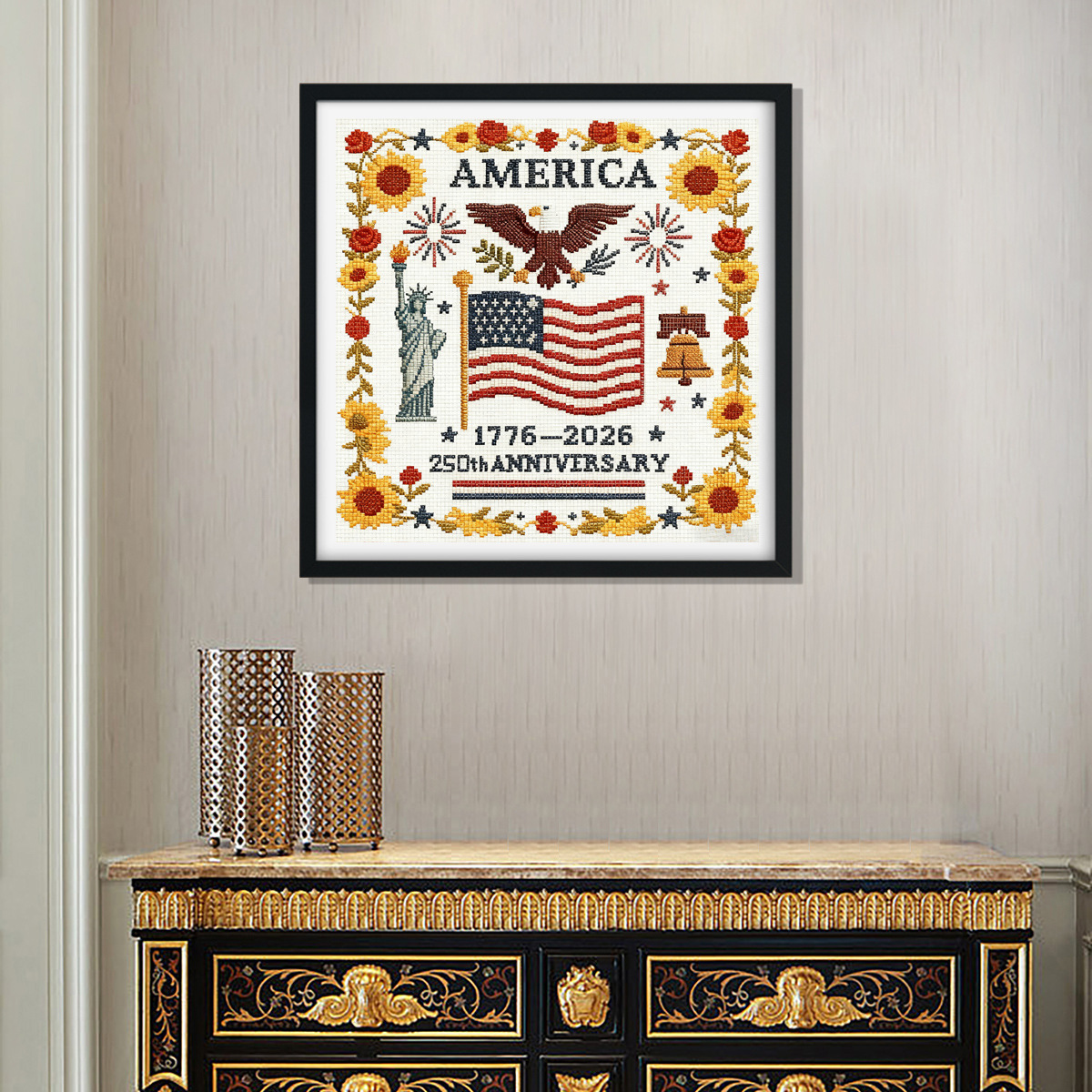 【Free Embroidery Tool Kit Included】14 × 14 in USA 250th Anniversary DIY Embroidery Kit, Includes Step-by-Step Tutorial, Easy for Beginners