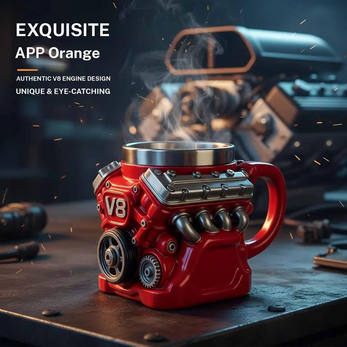 V8 Engine Themed Coffee Mug, Retro Style with Double-Walled Insulation, Suitable for Family Use