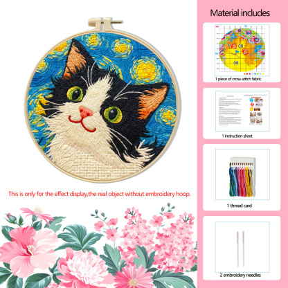 【Free Embroidery Tool Kit Included】9.45 × 9.45 in Cute Cat Floral DIY Embroidery, Handcrafted Cross-Stitch Animal Pattern, Includes Step-by-Step Tutorial, Easy for Beginners