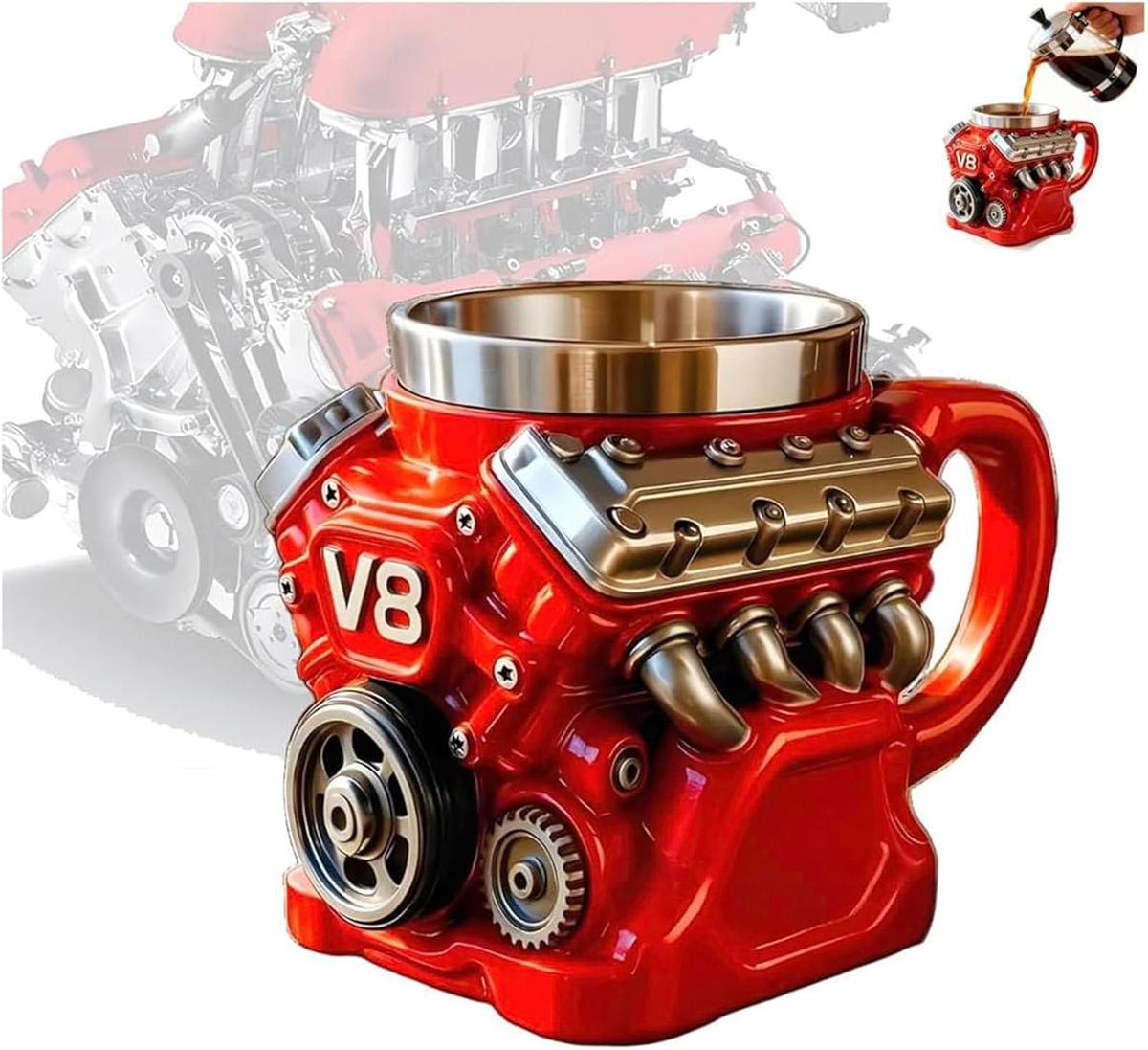 V8 Engine Themed Coffee Mug, Retro Style with Double-Walled Insulation, Suitable for Family Use