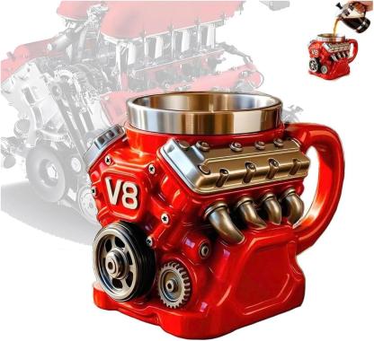 V8 Engine Themed Coffee Mug, Retro Style with Double-Walled Insulation, Suitable for Family Use