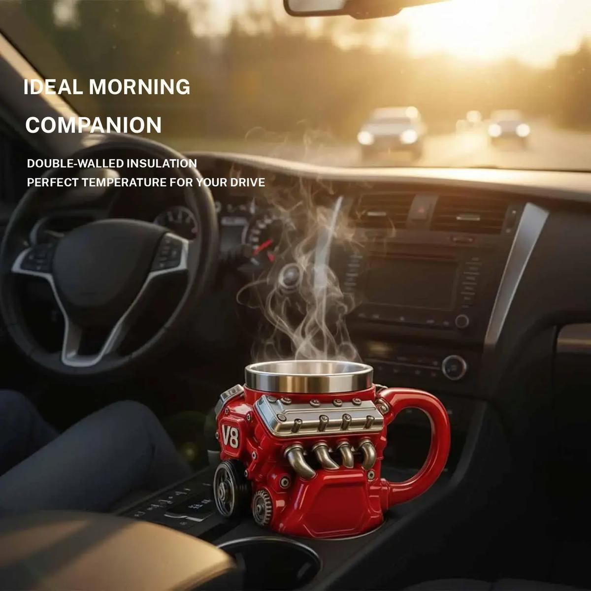 V8 Engine Themed Coffee Mug, Retro Style with Double-Walled Insulation, Suitable for Family Use