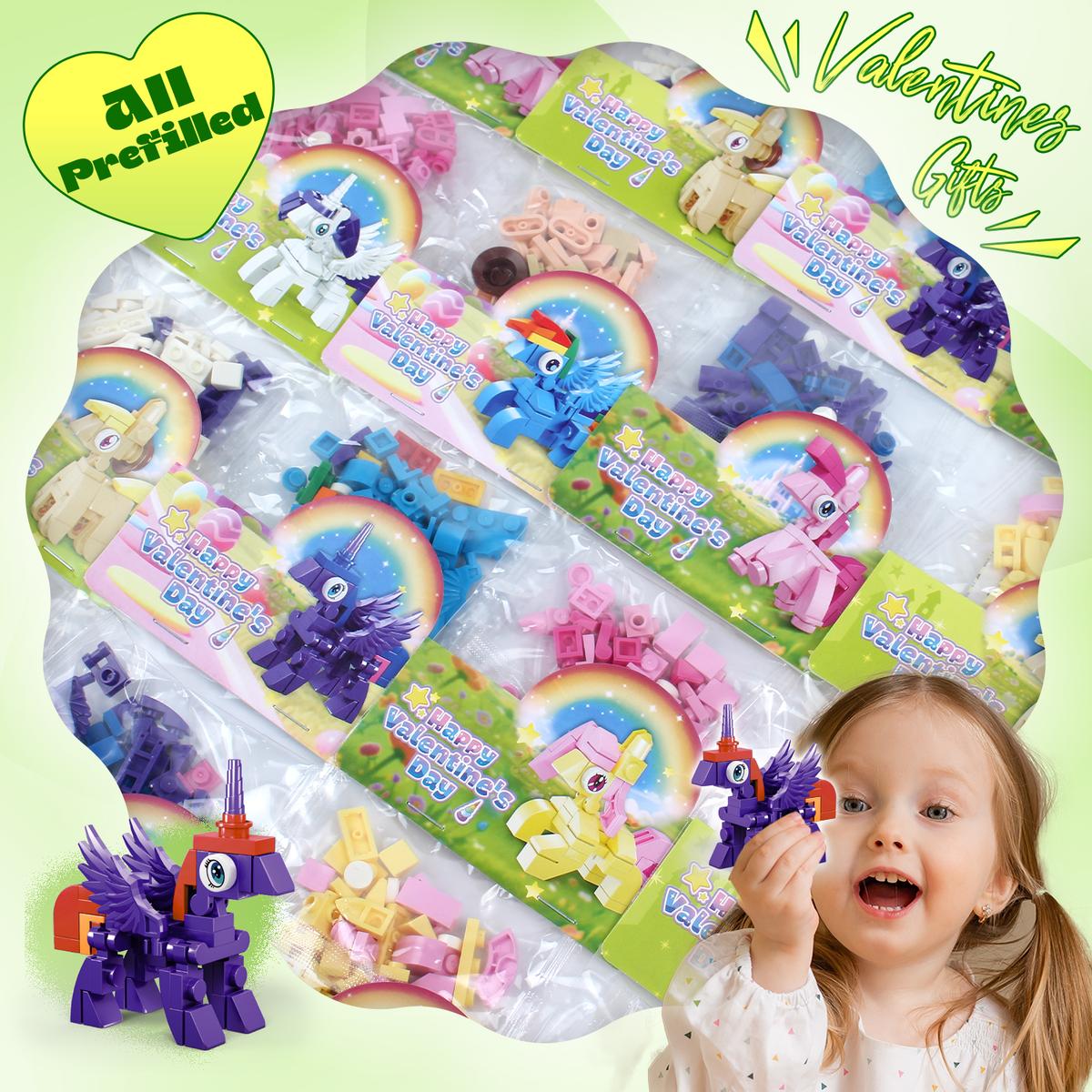 24 Pack Prefilled Valentine’s Day Building Blocks Party Favors Set with Valentine’s Day Cards, Ideal for Classroom and School Gift Exchanges