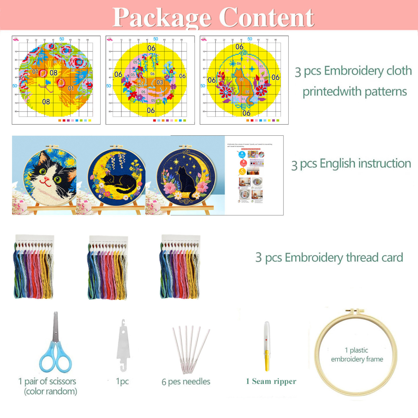 【Free Embroidery Tool Kit Included】9.45 × 9.45 in Cute Cat Floral DIY Embroidery, Handcrafted Cross-Stitch Animal Pattern, Includes Step-by-Step Tutorial, Easy for Beginners