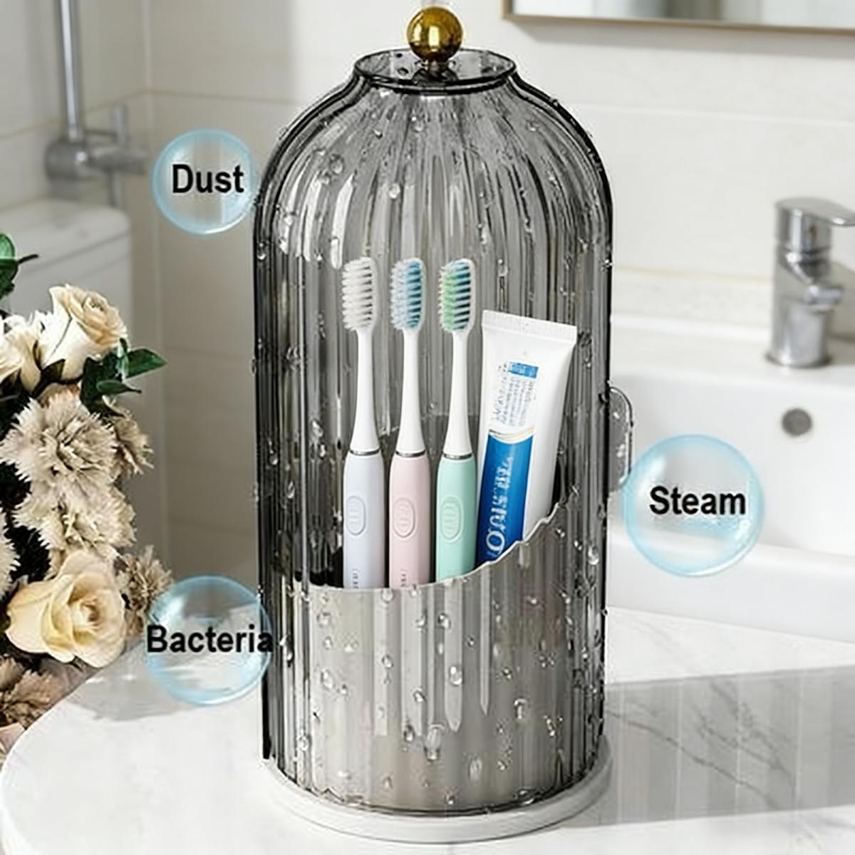 Toothbrush Holder with Lid, Dustproof 3-Slot Electric Toothbrush Organizer with 360° Rotation Keeps Bathroom Countertop Tidy, Waterproof & Durable