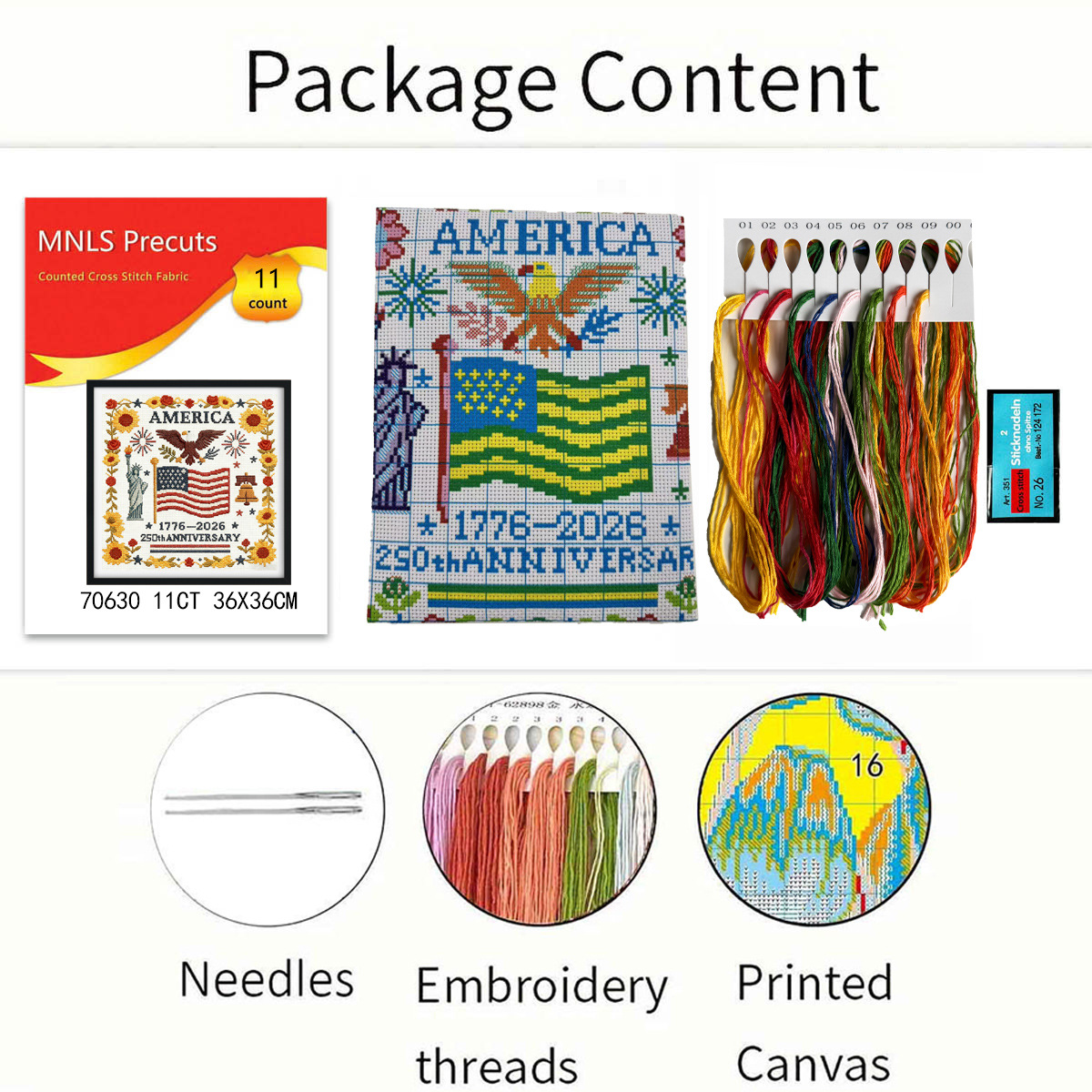 【Free Embroidery Tool Kit Included】14 × 14 in USA 250th Anniversary DIY Embroidery Kit, Includes Step-by-Step Tutorial, Easy for Beginners