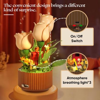 EN FLEUR Blooming Rose Building Blocks Set DIY Flower Kit with Light Blooming Motion Remote Watering Can Watering Sound Christmas Gift Home Decoration