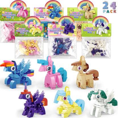 24 Pack Prefilled Valentine’s Day Building Blocks Party Favors Set with Valentine’s Day Cards, Ideal for Classroom and School Gift Exchanges