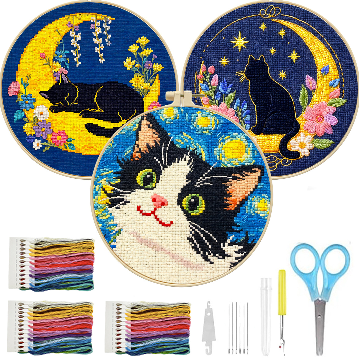 【Free Embroidery Tool Kit Included】9.45 × 9.45 in Cute Cat Floral DIY Embroidery, Handcrafted Cross-Stitch Animal Pattern, Includes Step-by-Step Tutorial, Easy for Beginners