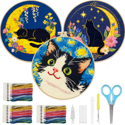 【Free Embroidery Tool Kit Included】9.45 × 9.45 in Cute Cat Floral DIY Embroidery, Handcrafted Cross-Stitch Animal Pattern, Includes Step-by-Step Tutorial, Easy for Beginners