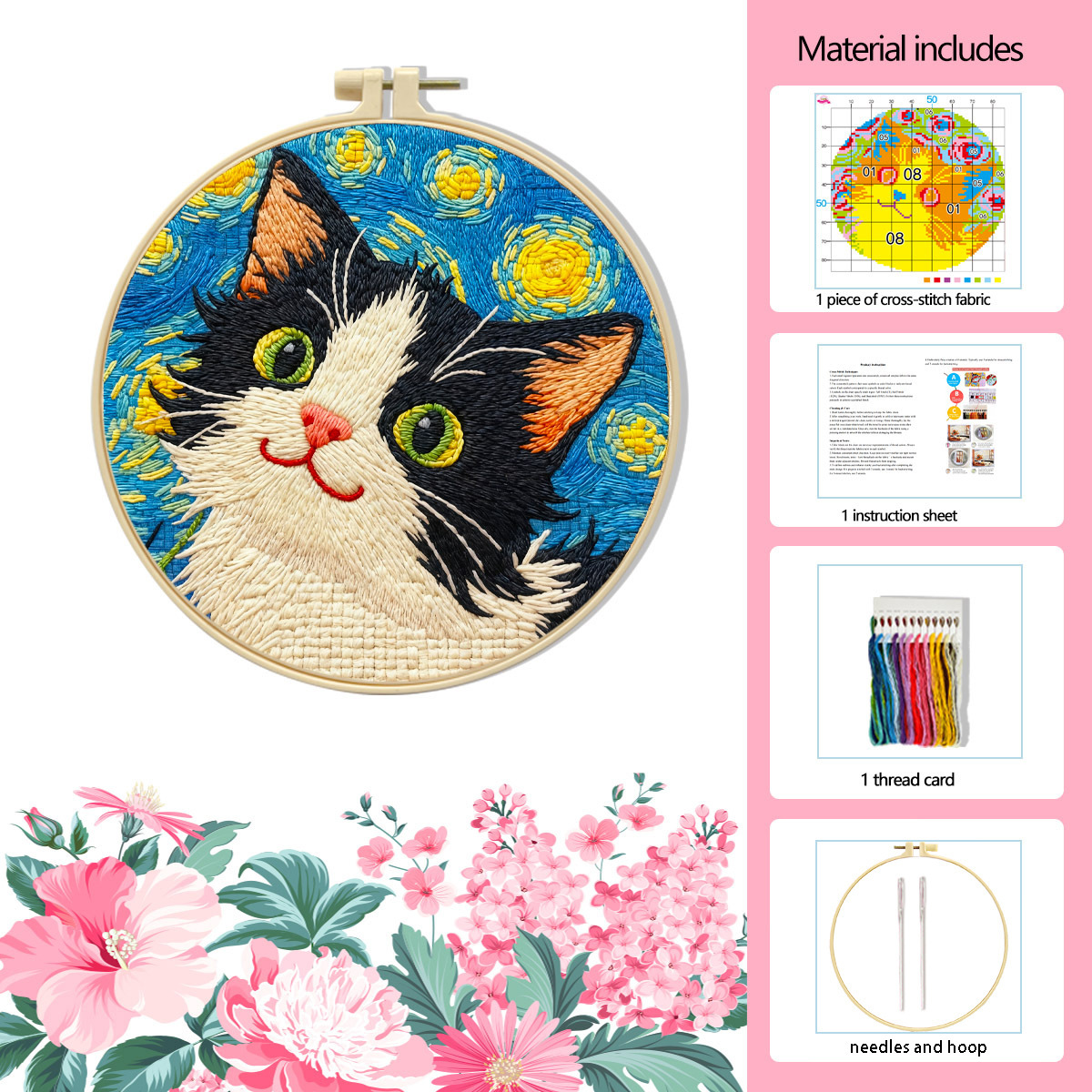 【Free Embroidery Tool Kit Included】9.45 × 9.45 in Cute Cat Floral DIY Embroidery, Handcrafted Cross-Stitch Animal Pattern, Includes Step-by-Step Tutorial, Easy for Beginners