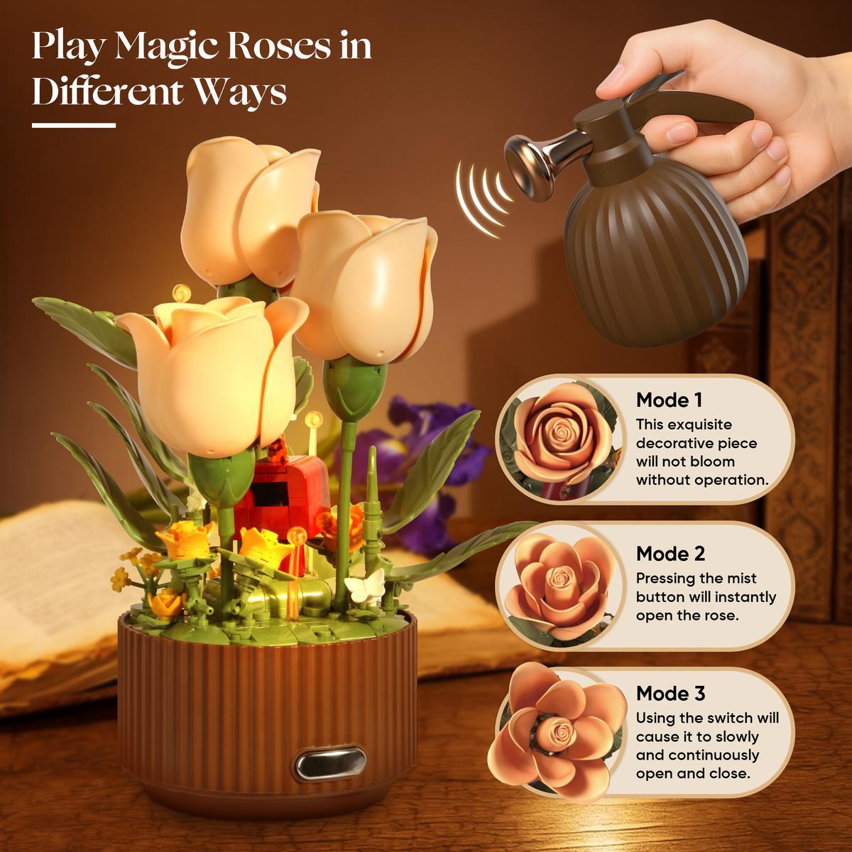 EN FLEUR Blooming Rose Building Blocks Set DIY Flower Kit with Light Blooming Motion Remote Watering Can Watering Sound Christmas Gift Home Decoration