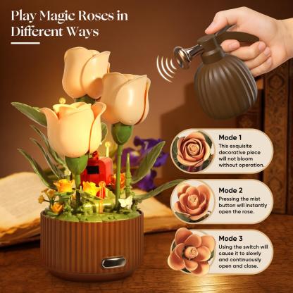 EN FLEUR Blooming Rose Building Blocks Set DIY Flower Kit with Light Blooming Motion Remote Watering Can Watering Sound Christmas Gift Home Decoration